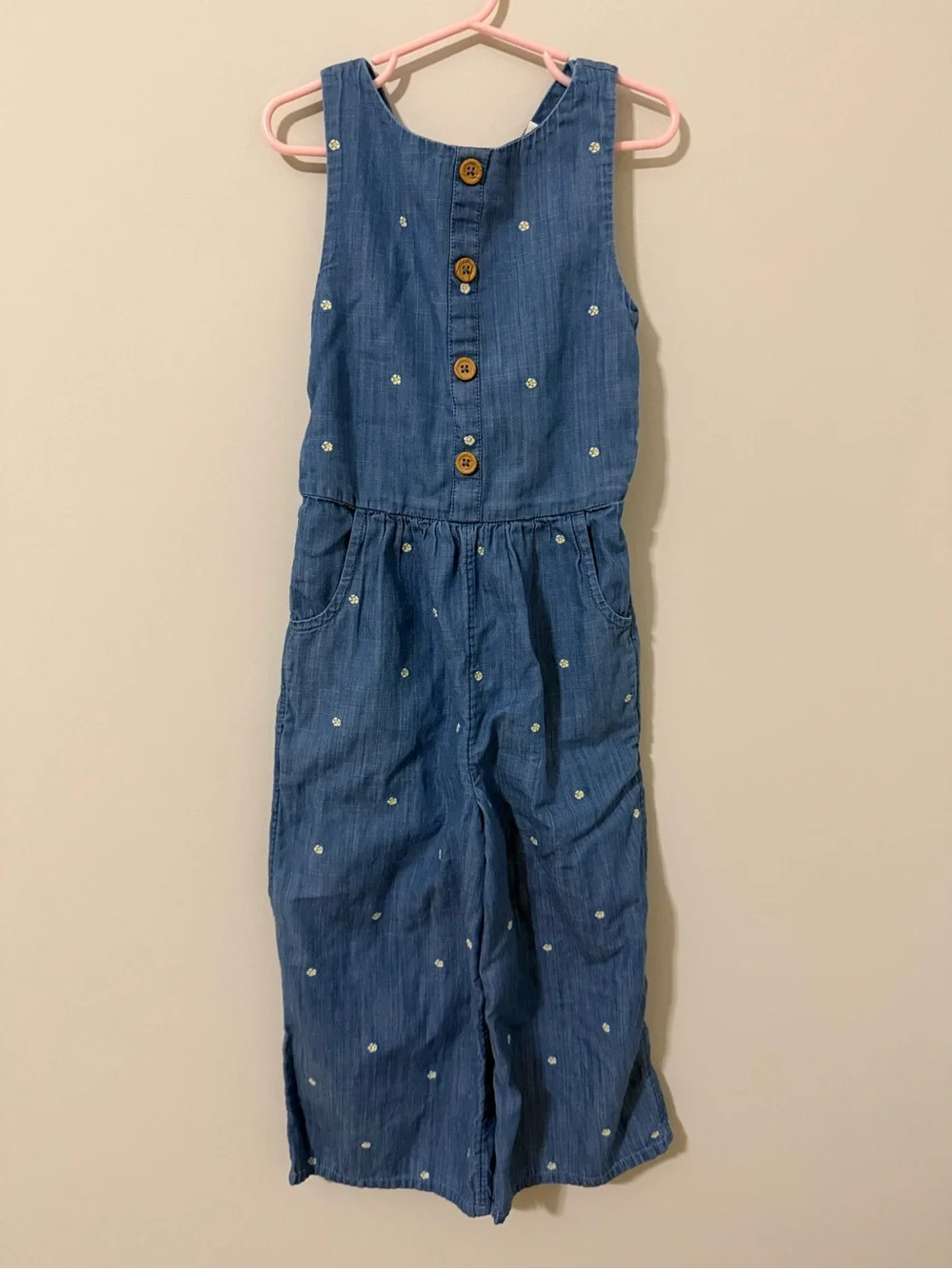Boden Blue Chambray Button-Front Girls Jumpsuit with embroidered daisies
